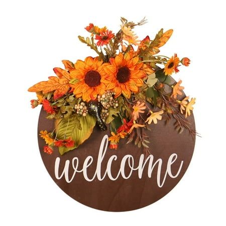 Sunflower Sign Wreaths Round Wooden Hanging Wreaths For Autumn Farmhouse Front Porch Decor Wall Festivals Decorations Features: Light up your front door- to all guests with this stylish farmhouse sign. The word "Welcome" written in white font on a rustic brown background makes this popular front door sign unique and beautiful. Relaxed, rustic atmosphere-use our home decor logo to create a charming country or farmhouse atmosphere in your . Each welcome door is marked with decorative burlap bows a Welcome Sign Round, Sunflower Welcome Sign, Harvest Festival Decorations, Sunflower Sign, Fall Floral Decor, Welcome Signs Front Door, Door Hanging Decorations, Thanksgiving Signs, Fall Door Hangers