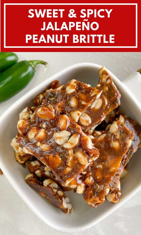 Spicy, sweet, crispy, crunchy, nutty, and so delicious! This Jalapeño Peanut Brittle is easy to make and has just 6 simple ingredients! Make this spicy homemade brittle, this recipe has just 15 minutes of prep and cook time. This is a great candy treat for the holidays or anytime of the year. This brittle is gluten-free and vegetarian. Jalapeño Peanut Brittle, Jalapeno Pecan Brittle Recipe, Jalapeno Peanut Brittle Recipe, Jalapeno Peanut Brittle, Walnut Brittle, Peanut Brittle Recipe, Brittle Recipes, Jalapeno Recipes, Peanut Butter Candy