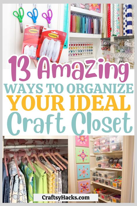 Closet Organization Ideas For Crafts, Organize Junk Closet, Small Art Closet Organization, Organizing Craft Closet, Craft Room Closet Storage Shelves, Craft Organization Cabinet, How To Organize Craft Closet, Small Closet Craft Storage, Classroom Closet Organization Teachers