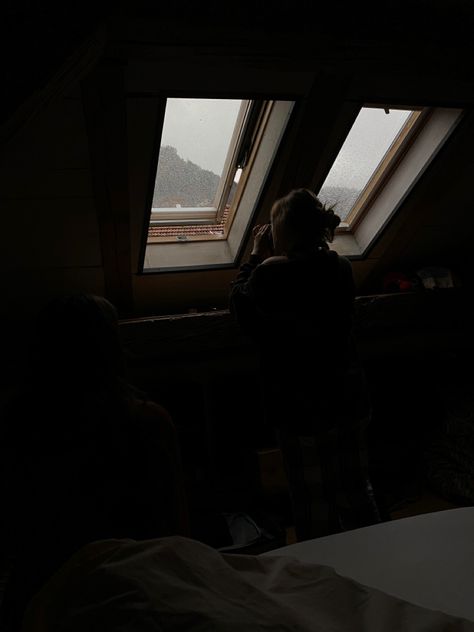 Aesthetic Messy Bun, Rooftop Window, Ambience Aesthetic, Rain Ambience, Mountain Photoshoot, Low Exposure, Roof Window, Cabins In The Woods, Messy Bun