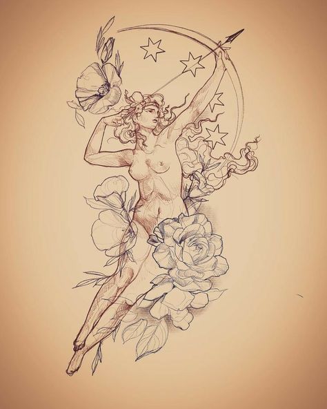 Artemis Art, Artemis Tattoo, Illusion Tattoo, Sagittarius Art, Optical Illusion Tattoos, Illusion Tattoos, Optical Illusion Tattoo, La Tattoo, First Sketch