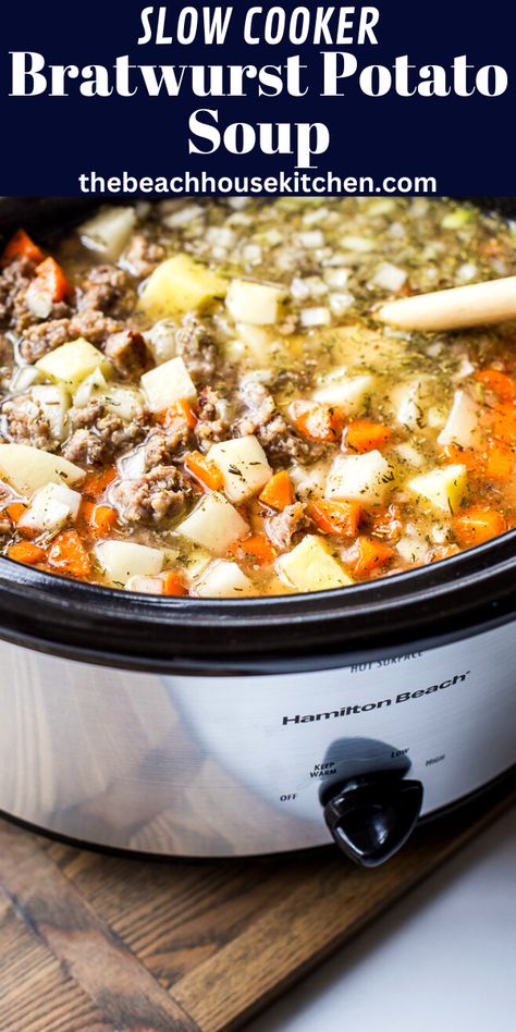 This Slow Cooker Bratwurst Potato Soup is a soul-satisfying soup that's perfect for the cold, winter season! Bratwurst Recipes Crockpot, Bratwurst Soup, German Soups, German Potato Soup, Soup Party, Soup Night, Crock Pot Soups, Bratwurst Recipes, Slow Cooker Potato Soup