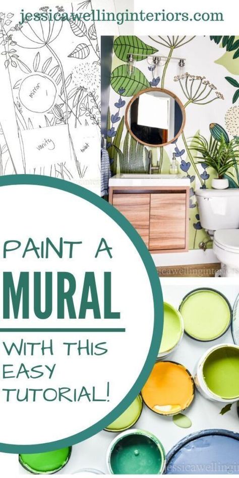 Learn how to paint a mural the easy way with this simple tutorial. This DIY accent wall is a great and budget-friendly wallpaper alternative! Hand Painted Wall Murals, Tile Stencils Diy, Painted Wall Murals, Wall Murals Painted Diy, Paint A Mural, Bathroom Mural, Accent Wall Design, Wall Murals Diy, Diy Mural