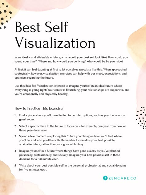 How To Visualize Your Best Possible Self - Zencare Blog Self Visualization, Visualisation Techniques, Ocd Therapy, Self Care Vision Board, Solution Focused Therapy, How To Visualize, Positive Visualization, Mindful Morning, 5am Club