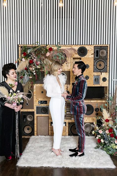 Celebrating the anniversary of Ziggy Stardust with this glam rock David Bowie-inspired wedding inspiration Glam Rock Wedding, The Spiders From Mars, Spiders From Mars, Bride Jumpsuit, Edgy Wedding, Velvet Fringe, Concept Album, Rock Wedding, Offbeat Bride