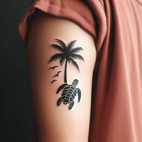 Palm Tree Tattoo Design, Beachy Tattoos, Palm Tattoos, Tree Tattoo Designs, Strength Tattoo, Palm Tree Tattoo, Hawaiian Tattoo, Turtle Tattoo, Painted Hats