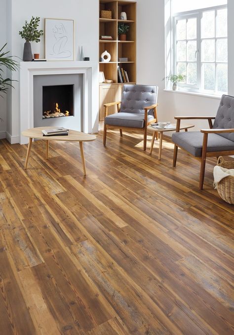 Vintage Pine rigid core flooring shown in a transitional living area adorned with midcentury modern furniture and modern fireplace; followed by a close-up angled image of the flooring. Vinyl Plank Flooring Colors, Pine Wood Flooring, Rustic Wood Floors, Lvp Flooring, Oak Wood Floors, Lvt Flooring, Flooring Trends, Hardwood Tile, Luxury Vinyl Plank Flooring