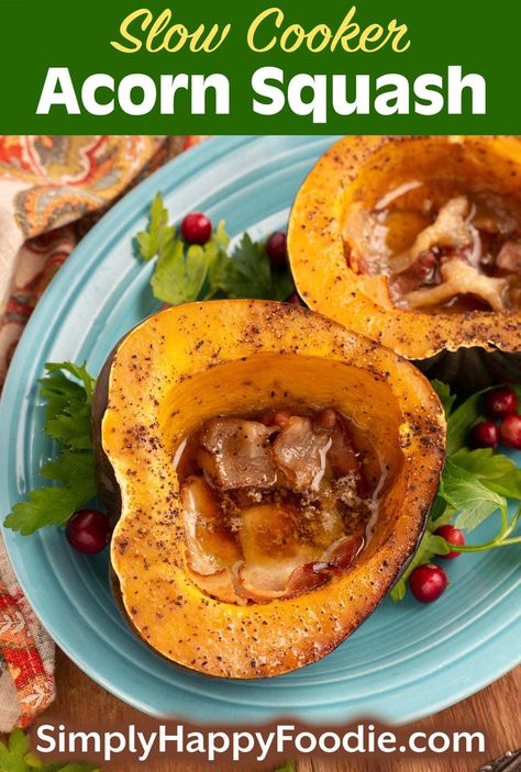 Slow Cooker Acorn Squash is a delicious vegetable side dish recipe. The squash cooks up super tender, and the butter and brown sugar make this a sweet squash recipe. Crockpot Acorn Squash is very easy to make and so satisfying! Acorn squash in the crock pot by simplyhappyfoodie.com Crockpot Acorn Squash, Slow Cooker Acorn Squash, Cooking Acorn Squash, Acorn Squash Recipes Healthy, Fast Crockpot Meals, Slow Cooker Recipes Dessert, Acorn Squash Recipes, Chicken And Butternut Squash, Vegetable Side Dish