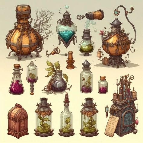 Witch Props Art, Witch Props Concept Art, Steampunk Props Concept Art, Fantasy Concept Art House, Potion Maker Outfit, Magical Objects Ideas, Fantasy Props Art, Potion Concept Art, Steampunk Potion