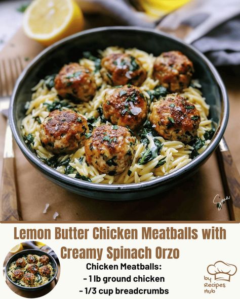 Lemon Butter Chicken Meatballs with Creamy Spinach Orzo Creamy Spinach Orzo, Butter Chicken Meatballs, Spinach Orzo, Crockpot Chicken Spaghetti, Mexican Casserole Recipe, Lemon Butter Chicken, Chicken Parmesan Pasta, Chicken Pasta Bake, Chicken Eating