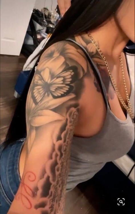 Big Flower Tattoos Sleeve, Custom Sleeve Tattoo Design, Half Sleeve Black Women Tattoo, Feminine Arm Sleeve Tattoos, Pretty Tattoos For Women Shoulder, Shoulder And Neck Tattoo, Tattoos On Arm For Women, Khiamonique Tattoo, Unique Sleeve Tattoos For Women