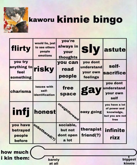 idk much about him so rhis might be unaccurate 😭😭 Rei Kinnie Bingo, Evangelion Kinnie Bingo, Kaworu Kinnie Bingo, Kaworu Kinnie, Anime Quiz, Fun Templates, Kaworu Nagisa, Girl Reference, Kinnie Bingo