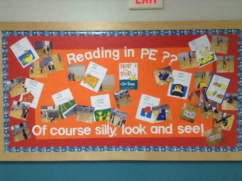 Literacy in PE bulletin board Physical Education Bulletin Boards, Pe Bulletin Boards, Elementary Physical Education, Elementary Pe, Pe Activities, Reading Bulletin Boards, Pe Lessons, Pe Ideas, Physical Education Teacher