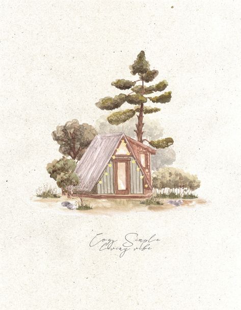 Cozy Cabin Aframe house on the edge of the forest,  watercolor illustration by Createssy. Beige neutrals colors Cozy Watercolor Illustration, Log Cabin Watercolor, Wood Cabin Illustration, Cabin In Woods Drawing, Cozy Cabin Illustration, Cabin Watercolor Painting, Watercolor Cabin In The Woods, Cozy Watercolor Painting, Cabin In The Woods Drawing