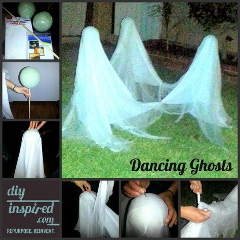 There's still time left to make these dancing ghosts!  LOL Dancing Ghosts, Halloween Lawn Decorations, Halloween Lawn, Halloween Diy Outdoor, Halloween Outside, Hallowen Ideas, Halloween Ghost Decorations, Halloween Dance, Ghost Diy