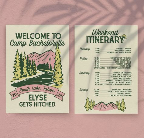 Design your dream camp-themed bachelorette bash with this customizable digital invitation.  #BacheloretteParty Bachelorette Party Mountain Weekend, Unexpected Bachelorette Theme, National Park Themed Bachelorette Party, Camping Bach Party, Bachelorette Party Camp Theme, Bachlorette Itinary, Yellowstone Bachelorette Party, Vermont Bachelorette Party, Summer Camp Themed Bachelorette Party