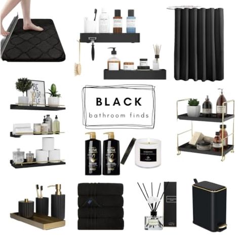 Bathroom Decor Ideas For Black Women, Black Decor For Bathroom, Black Restroom Ideas Decor, Black Accents In Bathroom, Black Bathroom Sink Decor, Black Boho Bathroom Decor, Black Bathroom Accents, Black And White Bathroom Accessories, Bathroom Black And White Decor