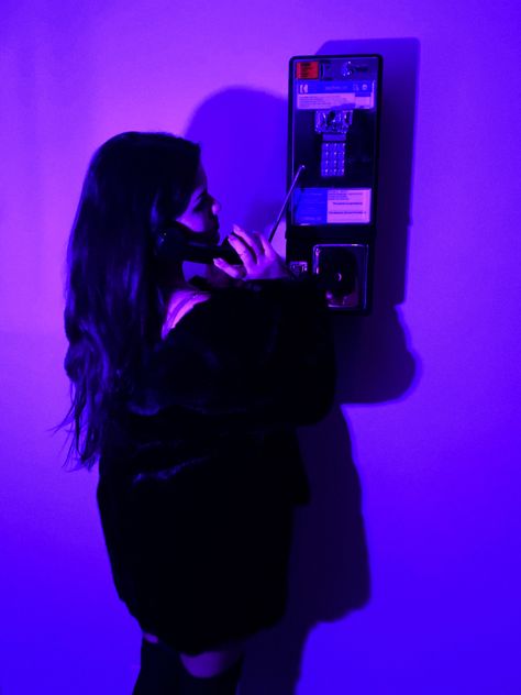 Flip Phone Photoshoot, Pay Phone Photoshoot, Landline Phone Aesthetic Photoshoot, Payphone Photoshoot, Girl Using Phone Aesthetic, Telephone Photoshoot, Subway Pics, Neon Photo, Neon Photoshoot