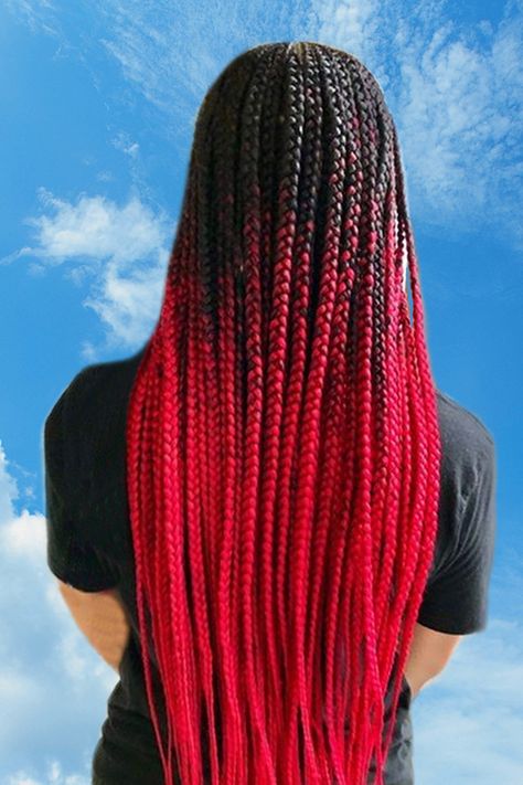 Ombre Red Box Braids, Red Ombré Braids, Red Braided Hairstyles For Black Women, Red And Black Braids, Black And Red Braids, Black Woman Red Hair, Red Braiding Hair, Box Braids With Color, Baddie Braids