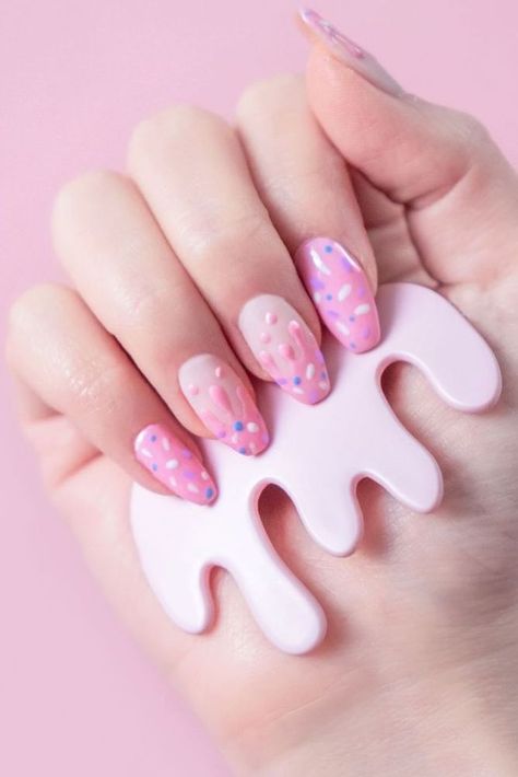 Indulge in the sweetness of summer with these ice cream themed nails featuring colorful sprinkles. Perfect for any sunny day! #summernails #nailart #icecream #sprinkles #manicure Sweet Nail Art, Trendy Nail Art Pink, Sunny Nail Art, Sweets Nail Art, Sweet Nails Designs, Popsicle Nail Art, Sherbert Nails, Pink Ice Cream Nails, Sprinkle Nail Art