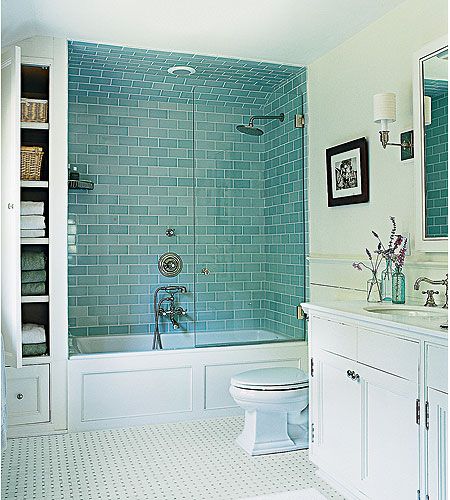 Accent color tile pops! Great use of narrow space to the left of the tub. You could probably recreate this look at a reasonable price. Drømme Bad, Tile Bathrooms, Bathrooms Modern, Makeover Kamar Mandi, Bathtub Shower Combo, Blue Subway Tile, Turquoise Tile, Shower Glass, House Of Turquoise