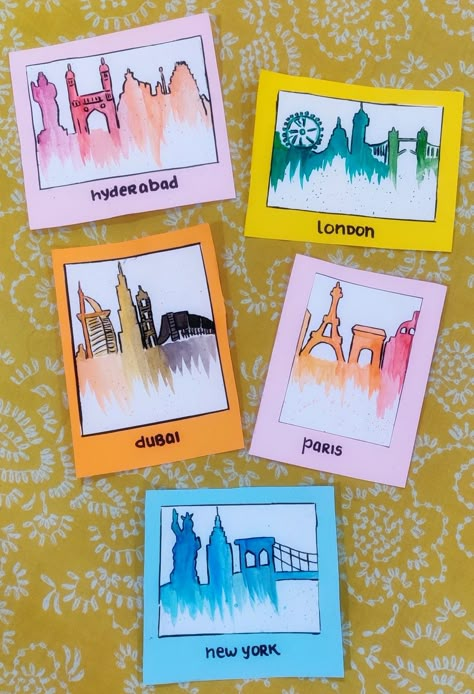 Postcard watercolor paintings of Dubai, new york, Hyderabad, Paris, and London. Dubai Drawing Easy, Paris Watercolor Painting Easy, Postcard Drawing Ideas, London Painting Easy, Paris Drawing Easy, Hyderabad Painting, Travel Painting Ideas, Polaroid Watercolor Paintings, Postcard Doodle