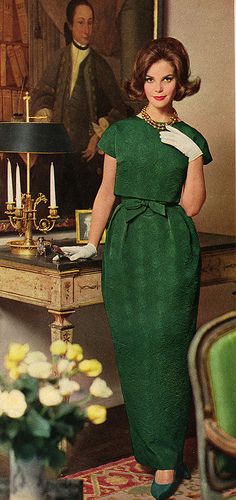 1962 fashion style color photo print ad model magazine green formal dress column sheath wiggle long skirt cropped top jacket bow belt short sleeves gloves shoes hair 60s 1962 Fashion, Fashion 60s, Mothers Gowns, 1960s Dresses, 1960 Fashion, Green Formal Dresses, Fashion 1960s, Formal Dresses Short, 60s Dress