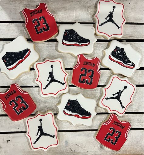 Air Jordan Cookies Decorated, Jordan Cookies Decorated, Jordan Year Birthday Party Ideas, 23rd Jordan Year Birthday Ideas, Jordan Cupcakes, Jordan Year Party, Jordan 23 Cake, Jordan Cookies, Jordans Birthday Theme