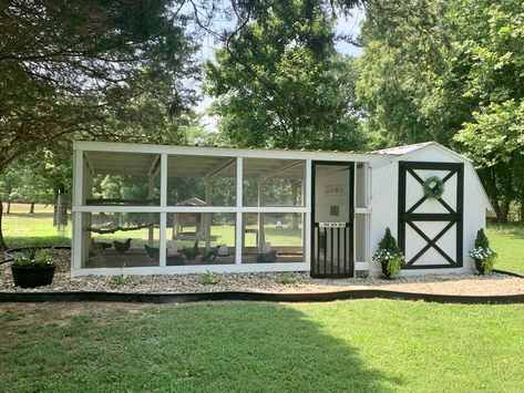 Chicken Coop White And Black, Cotton Trailer Chicken Coop, Black And White Chicken Coop Ideas, Chicken Run Attached To Shed, She Shed Chicken Coop, Chicken Coop Built Off Shed, Chicken Coop Attached To Shed, Chicken Run Off Shed, White Chicken Coop With Black Trim