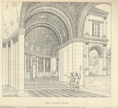 Paul Letarouilly's 1830s drawing of the Villa Giulia, Rome Villa Giulia, Architectural Art, Composition Design, Art And Architecture, Taj Mahal, Rome, Louvre, Arch, Villa