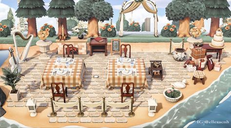 Beach Restaurant Animal Crossing, Acnh Beach Coffee Shop, Beach Restaurant Acnh, Animal Crossing Outdoor Restaurant, Beach Area Animal Crossing, Acnh Cafe, Neighborhood Ideas, Beach Restaurant Design, Animal Crossing Cafe