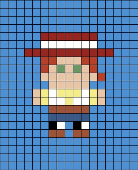 A small pixel art template of Jessie the cow-girl from Toy Story 2 and onwards. Small Pixel Art, Disney Canvas Paintings, Modele Pixel Art, Easy Pixel Art, Pixel Art Templates, Pixel Drawing, Diy Perler Bead Crafts, Pixel Crochet, Pix Art