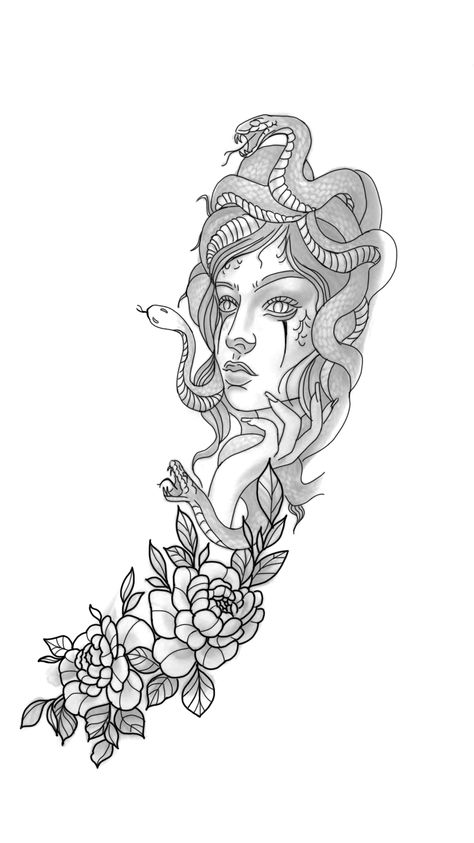 Medusa And Flowers Tattoo, Medusa Flower Tattoo, Medusa Tattoo, Half Sleeve Tattoo, Back Tattoo, Flower Tattoos, Sleeve Tattoos, Cool Tattoos, Flower Tattoo