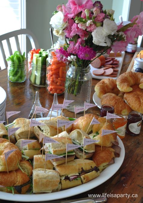 Birthday Party Food Sandwiches, Night In Paris Theme Party Food, Parisian Themed Party Food, French Themed Bridal Shower Food Ideas, French Food Ideas For Party, French Themed Graduation Party, Paris Theme Food Ideas, Fashion Show Party Food Ideas, French Inspired Party Food