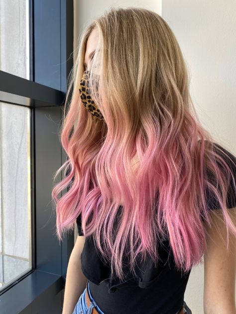 Ombre blonde to pink hair. Blonde to pink balayage hair Pink Ombre Blonde Hair, Pink Hair Ends Blondes, Blonde Hair With Light Pink Tips, Blonde With Pink Balayage, Blonde To Pink Ombre Hair, Pink Hair Bottom Half, Pink Ends On Blonde Hair, Pink Dipped Hair, Pink Tips On Blonde Hair