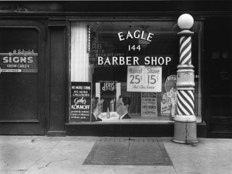 Rudy Burckhardt - New York, 1940. [Barber shop window] for Sale | Artspace Barber Shop Window, Old School Barber Shop, Barber Shop Haircuts, Barber Shop Interior, Barber Tattoo, Barber Pole, Vintage Barber, Barber Shop Decor, Salon Suites