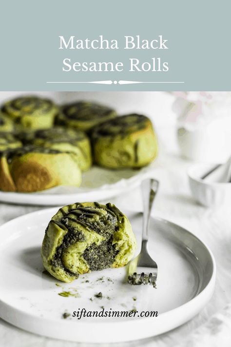 Matcha Black Sesame Rolls | Sift & Simmer Matcha Black Sesame, Matcha Food, Making Matcha, Matcha Pancakes, Black Sesame Paste, Matcha Mochi, Sweet Matcha, Matcha Recipes, Matcha Dessert