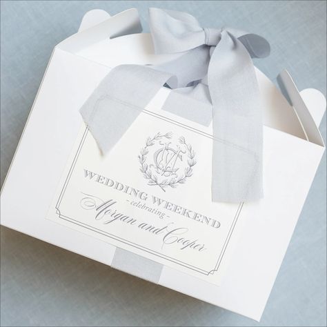 The 25 Hottest 2024 Wedding Trends | OneFabDay.com Wedding Welcome Box Ideas, Wedding Welcome Boxes, Welcome Boxes Wedding, Welcome Bags Wedding, 2024 Wedding Trends, Cocoon Silk, Samford University, Thistle Wedding, Luxury Box Packaging