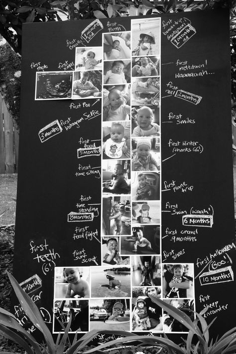 Pictures As Party Decorations, 1st Birthday Photo Decorations, 1st Birthday Photo Board Ideas, Special 1st Birthday Ideas, Black And White Photo Party Decor, 1st Birthday Party Photo Display, Diy 1st Birthday Photo Board, Diy Milestone Board 1st Birthday, First Birthday Photo Board Ideas