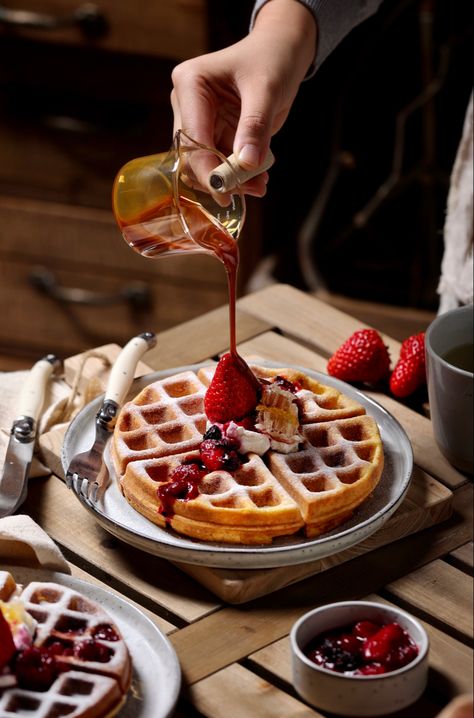 Waffle Food Photography, Waffles Food Photography, Waffle Photography, Waffles Photography, Food Photography Lighting Setup, Food Photography Dessert, Breakfast Photography, Strawberry Waffles, Family Baking