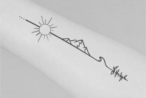 Unique Line Art Tattoo, Mountain Line Art Tattoo, Mountain Spine Tattoo, Rib Tattoos For Women Cover Up, Fulcrum Tattoo, Out Line Tattoo, Surfing Tattoos Men, Wave And Mountain Tattoo, Rib Tattoos For Women Unique