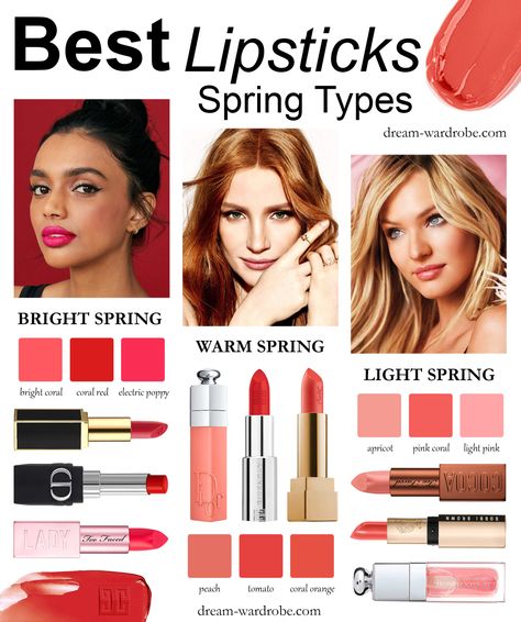 Winter Shopping Guide for the Spring Color Types – Dream Wardrobe House Of Colour Spring Lipstick, True Spring Eye Makeup, Makeup For Bright Spring, True Spring Jewelry, Light Spring Lipstick Colors, Warm Spring Lipstick Colors, True Spring Makeup Looks, Spring Palette Makeup, Warm Spring Lipstick