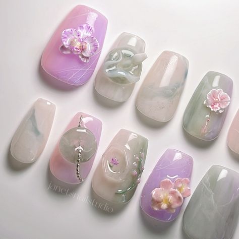 𓇢𓆸 Orchid Jade 𓆙 Customer requested a mix of several of my designs 🤗 ✨ custom intricate design on Short Coffin Gel-X Use WELCOME10 to save on your first custom order at janetsnails.com 💗 #naildesign #3dnailart #3dnails #nails2inspire #nailinspo #pressonnails #orchidnails #jadenails #gelxinspo #naturenails #gardennails Orchid Nails, Jade Nails, Short Coffin, Asian Nails, Nails 2024, 3d Nail Art, 3d Nails, Intricate Design, Press On Nails