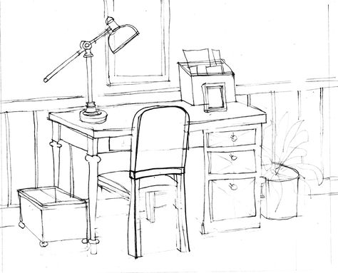 amaze Desk Perspective Drawing, Desk Drawing Sketch, Desk Sketch, Office Sketch, Room Perspective, Paul Blart, Desk Drawing, Table Sketch, Art Bases