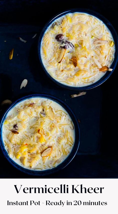 Vermicelli kheer is a delectable Indian dessert that is a perfect treat for any occasion, infused with the richness of whole milk, the sweetness of sugar, and the aroma of cardamom. Also known as semiya payasam or sheer khurma, this Instant Pot recipe is very easy to make. Despite being easier to make, the taste of this kheer is just as rich and satisfying as the traditional stovetop method. It is a dump-and-go recipe, ready in just 20 minutes, and needs no monitoring. Semiya Payasam, Sheer Khurma, Easy Indian Dessert, Indian Cookbook, Instant Pot Recipe, Sweet Treats Desserts, Diwali Food, Indian Dessert, Indian Dessert Recipes