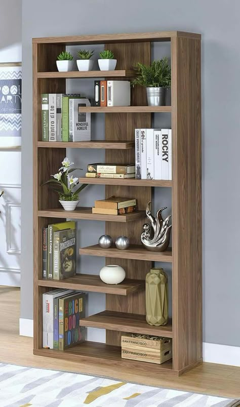 Book Shelves Decor, Book Shelves Ideas, Standing Bookshelves, Staggered Shelves, Bookcase Ideas, Cheap Office Furniture, Wood Furniture Plans, Home Decor Shelves, Bookcase Decor