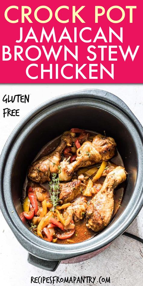 Jamaican Recipes Crockpot, Jamaican Brown Stew Chicken Slow Cooker, Jamaican Stew Chicken Crockpot, Caribbean Crockpot Recipes, Stew Chicken Crockpot, Crockpot Stewed Chicken, Brown Stew Chicken Jamaican Crock Pot, Stew Chicken Jamaican, Stewed Chicken Jamaican