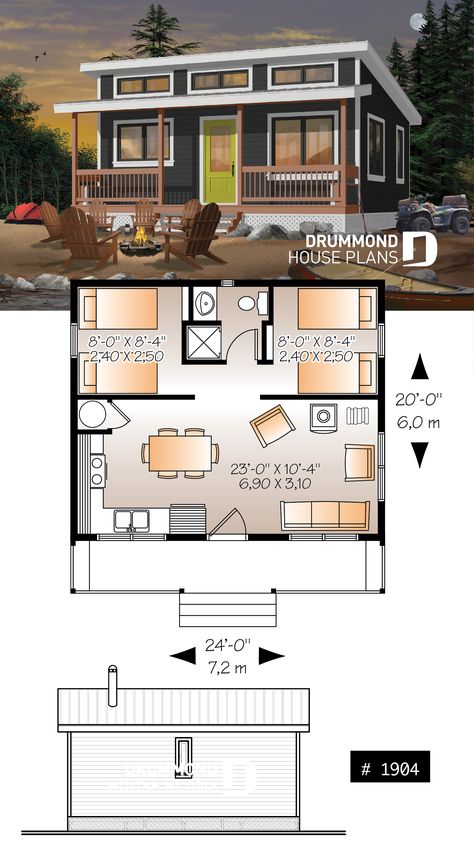 Affordable small 2 bedroom cabin plan, wood stove, open concept, low budget construction Reka Bentuk Rumah Kecil, Micro House Plans, House Plan With Loft, Narrow Lot House, Narrow Lot House Plans, Cabin Home, 2 Bedroom House Plans, Cabin Cottage, Bedroom Cabin