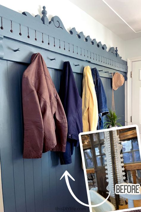 Here's how to make a DIY coat rack wall - with the character of antique architectural reclaimed material! If you have a small entryway that needs storage - here's a solution that worked for us: an easy simple DIY coat rack wall with pegs. Making this wall mounted coat rack for your entryway might solve your mudroom - or lack of - storage problems. Painted the most beautiful classic blue. Small Coat Rack, Diy Hallway Coat Rack, Diy Coat And Hat Rack Wall, Diy Wall Coat Rack With Shelf, Diy Entryway Coat Rack Shelf, Wall Coat Rack Ideas Entryway, How To Make A Coat Rack With Shelf, Wooden Wall Coat Rack, Coat Rack Wall Entryway