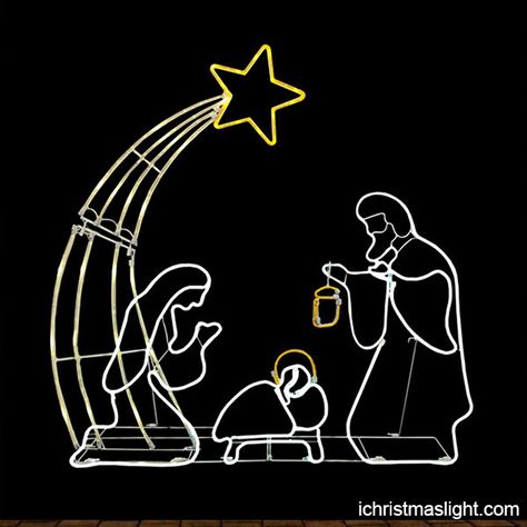 Christmas Lights Window Display, Outdoor Nativity Set, Outdoor Nativity Sets, Christmas Crib Ideas, Christmas Rope Lights, Christmas Window Lights, Outdoor Nativity, Christmas Nativity Set, Led Christmas Tree